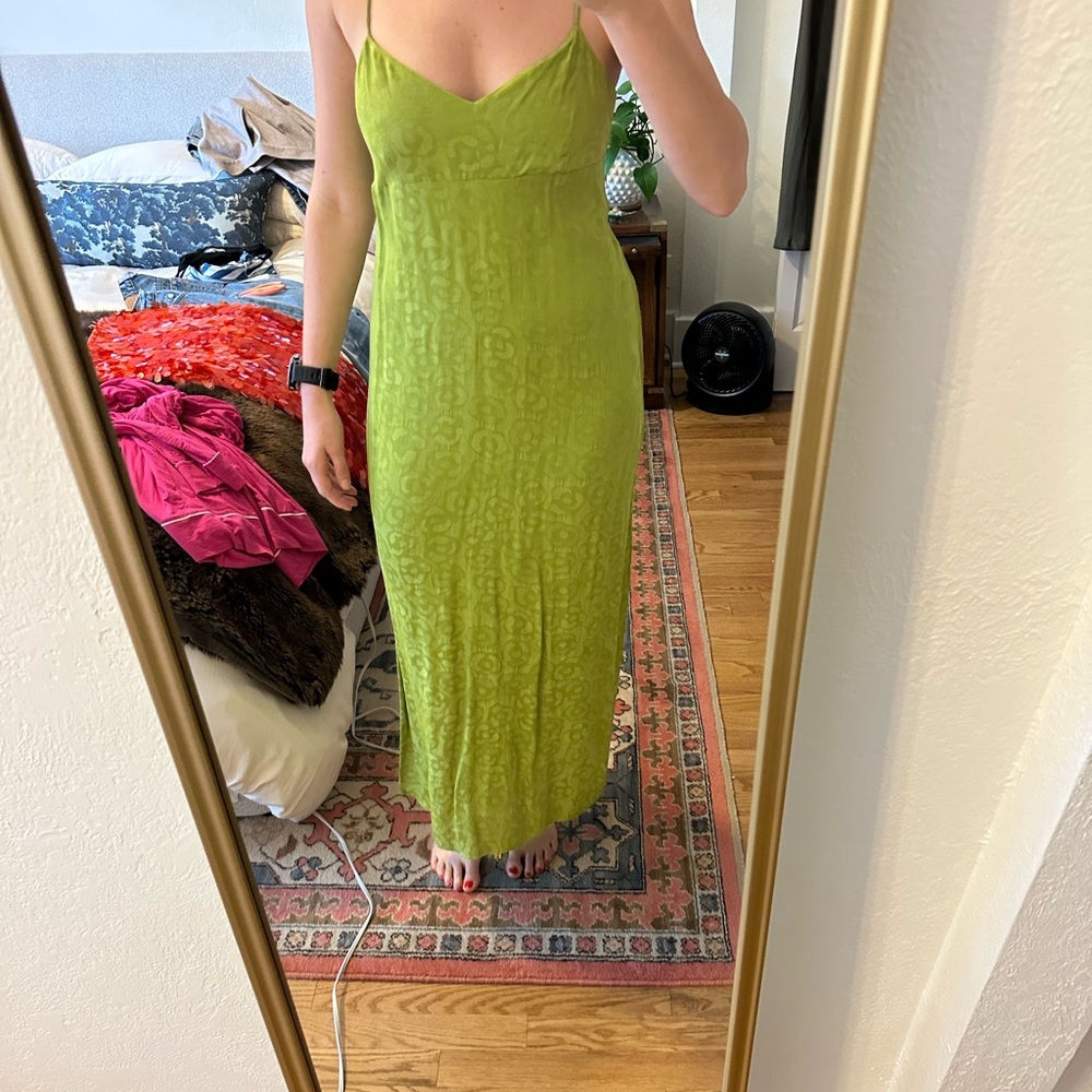 Anthropologie Lime Green Slip Maxi Dress with Spaghetti Straps